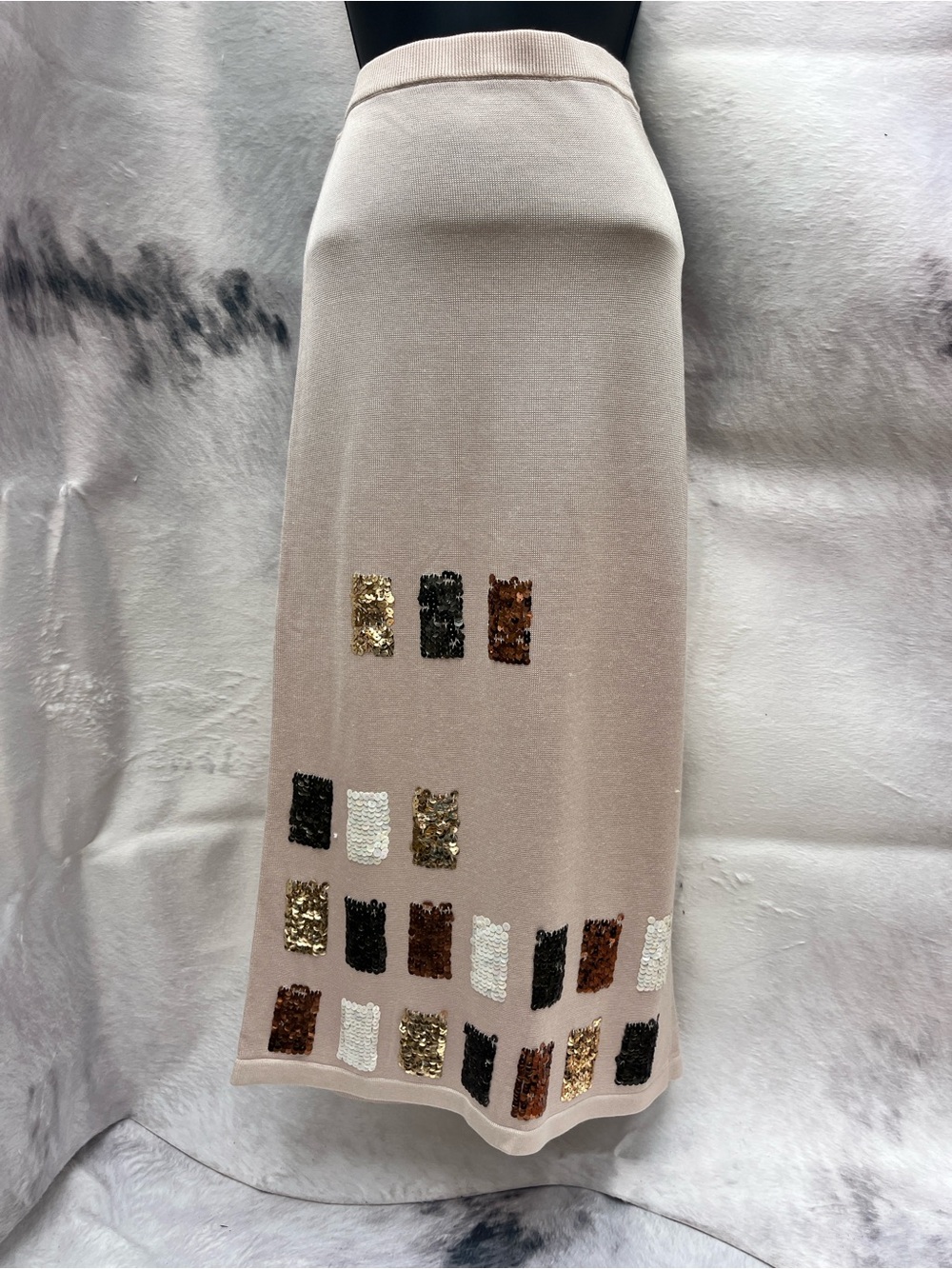 Beige Sequin-Embellished Maxi Skirt